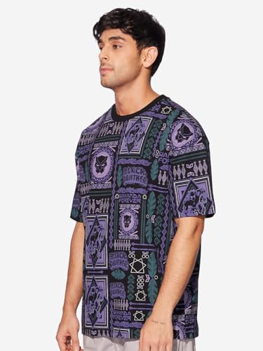 The Souled Store Official Black Panther: Wakanda Tribe Men And Boys Short Sleeves Round Neck Black All Over Printed Cotton Overs