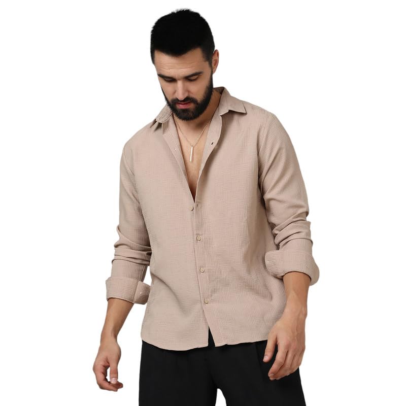 Campus Sutra Mens Polyester Beige Self-Design Intertwine Shirt for Casual Wear | Spread Collar | Long Sleeve | Button Closure |
