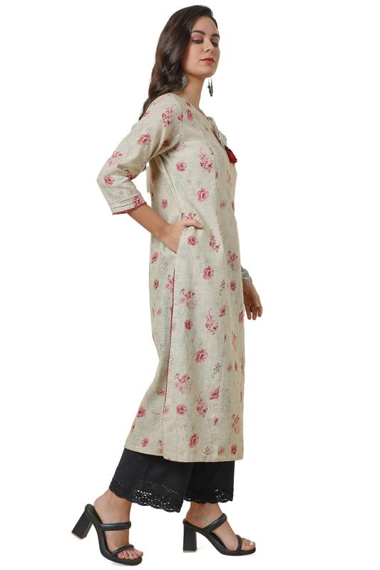 Soch Womens Beige Pure Linen Boat Neck Kurta with Tassels