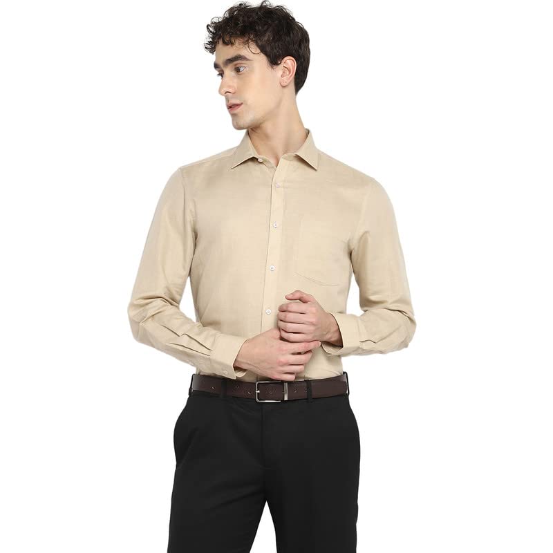 Turtle Men Beige Linen Solid Slim Fit Shirts