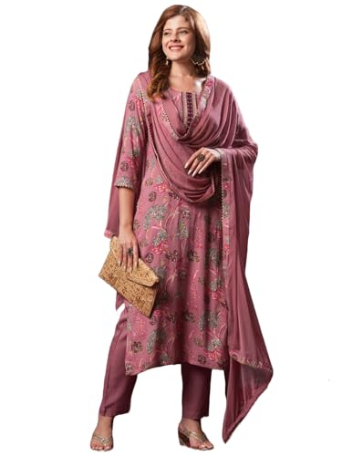 GoSriKi Womens Rayon Blend Printed Straight Kurta with Pant & Dupatta (VICE Peach-VKS02-GS_L_Peach_Large)