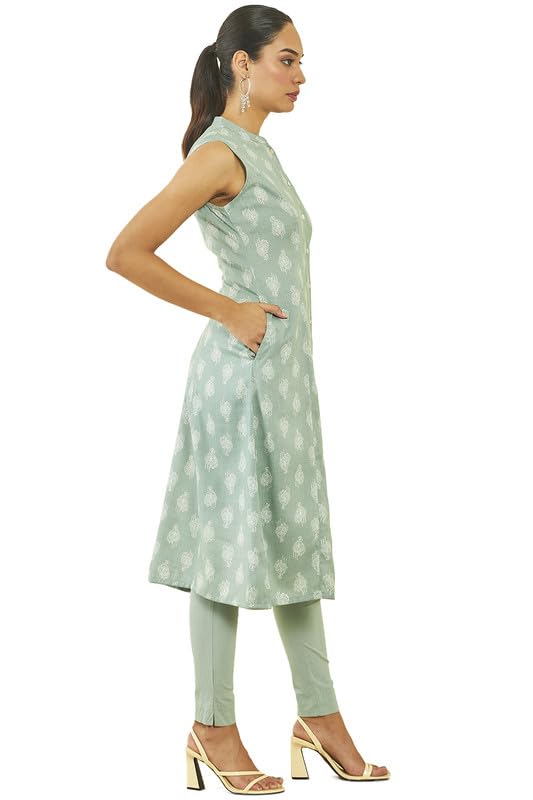 Soch Womens Green Rayon Paisley Print Sleeveless A-Line Kurta With Pocket