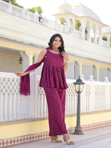 Stylum Women's Ethnic Motifs Printed Rayon Sleeveless Kurta Palazzo Dupatta Set (KPDWINESAMIA_Wine)