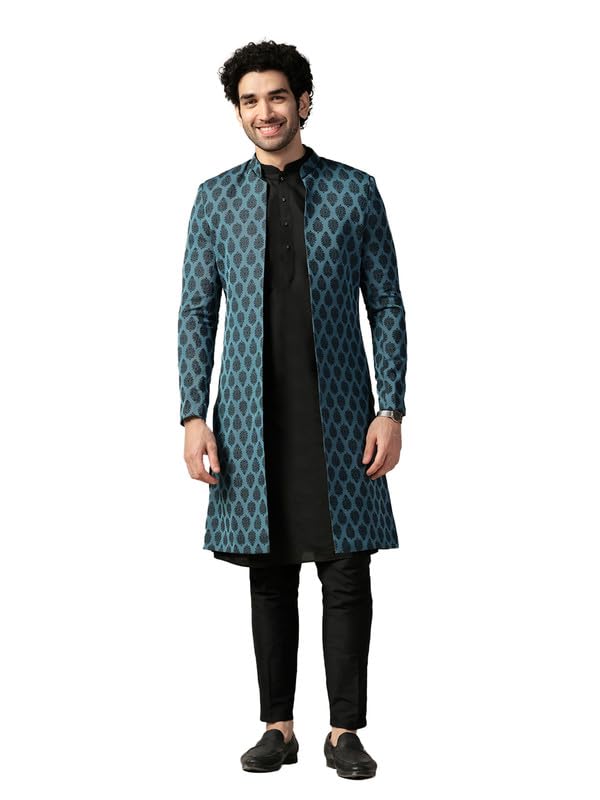 Kisah MenS Indo-Western Kurta Sherwani Trouser Set, Turquoise Blue Silk Blend, Woven Design Regular Fit Mandarin Collar Long Sl
