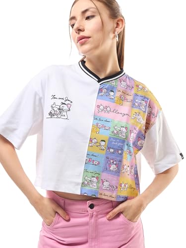 Bewakoof Official Tom & Jerry Merchandise Womens Graphic Printed Oversized Fit Half Sleeve V-Neck Pure Cotton Crop T-Shirt_6355