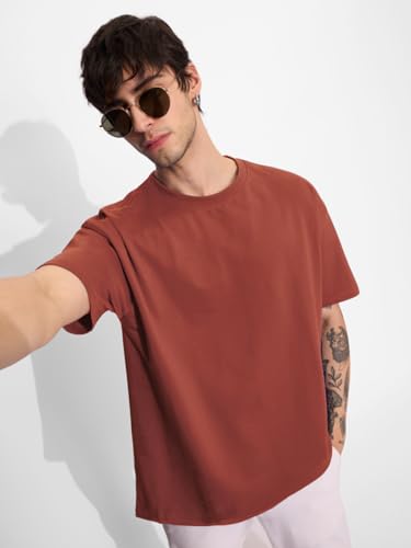 The Souled Store Solids: Spicy Red Men And Boys Short Sleeves Round Neck Cotton Oversized T-Shirts