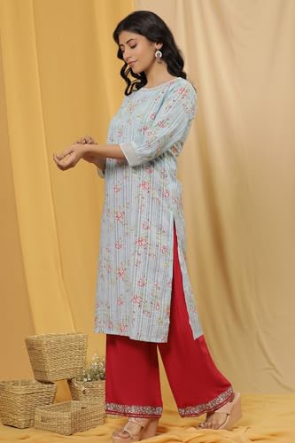 W for Woman W Women Blue Festive Floral Print Cotton Kurta Set With Parallel Pant