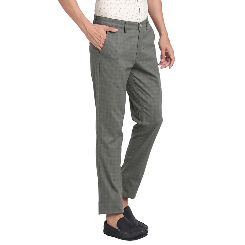 Turtle Men Cotton Stretch Olive Checkered Narrow Fit Flat Front Casual Trouser