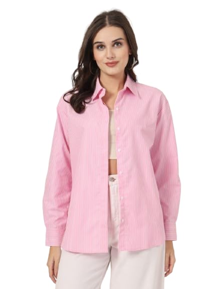 Style Quotient Women Solid Pink and White Smart Casual Oversized Polycotton Shirt