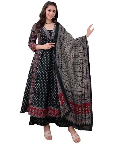 Anni Designer WomenS Anarkali Kurta Set With Dupatta|Pure Cotton Suit Set For Women|Ajrakh Print Kurta Palazzo Dupatta Set | 3 P
