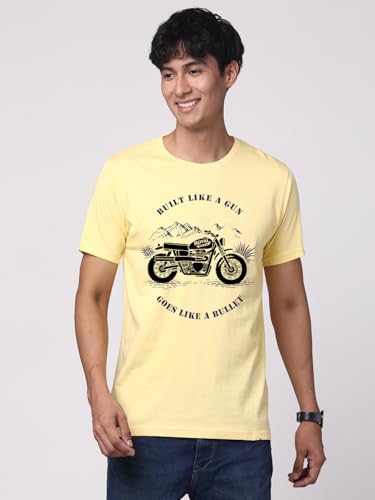 ADRO Men's Royal Bike Design Printed 100% Cotton T-Shirt - Regular Fit, Printed T-Shirts for Men (RN24-RYL-LY_Light Yellow)
