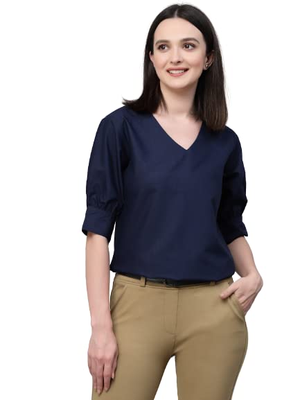 Style Quotient Women Solid Navy Cotton Smart Casual Top