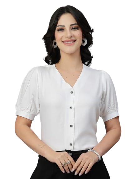 Style Quotient Women Solid White Rayon Shirt Style Top