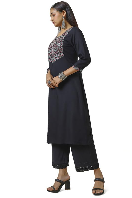 Soch Womens Black Rayon Embroidered Kurta with Faux Mirror