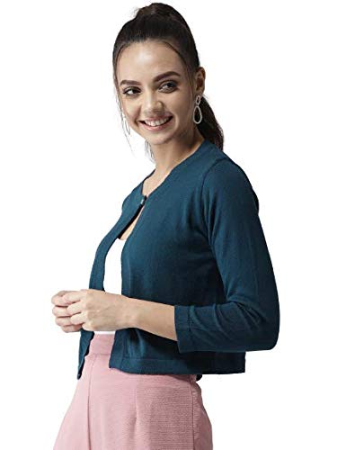 Style Quotient Women Solid Teal Cotton Smart Casual Crop Shrug