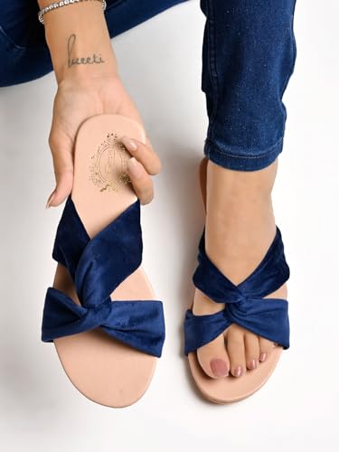 Shoetopia Girls Blue Flat Slide Sandals Soft Suede Knot Strap Casual Summer Slip-Ons For Everyday Comfort Stylish, |Footwear Li