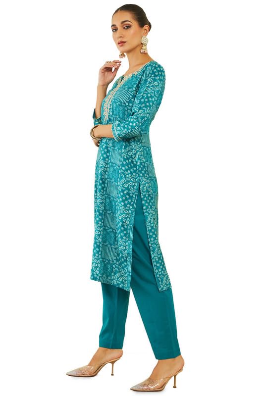 Soch Womens Blue Muslin Kurta Set with Geometric Print and Embroidery