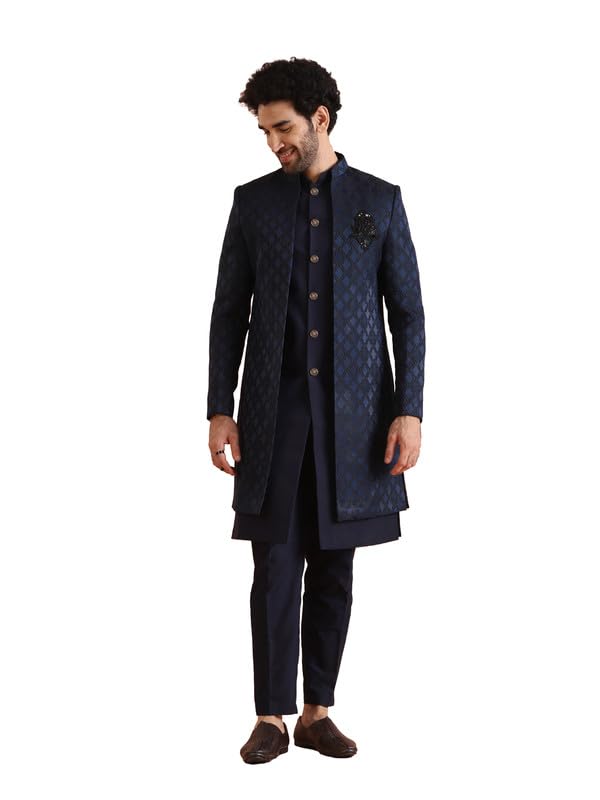 Kisah Mens Jacket Sherwani Trouser Set|Silk Blend Fabric Jacquard Pattern Indo-Western Sherwani Set For Men|Regular Fit Mandarin