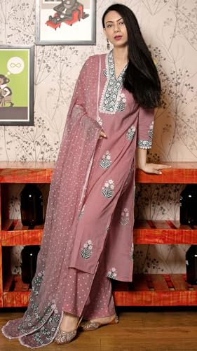 GoSriKi Printed Rayon Viscose Kurta with Trousers & Dupatta, 3XL, Purple, Model: Belagavi Mustard-GS