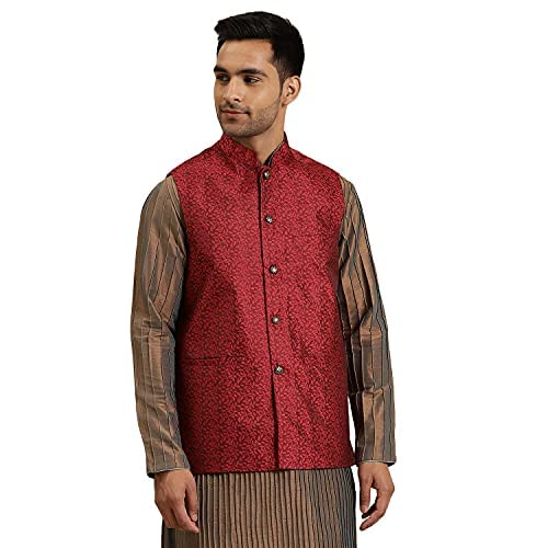 SOJANYA (Since 1958, Men's Jacquard Silk Maroon Self Design ONLY Nehrujacket, Size: 36