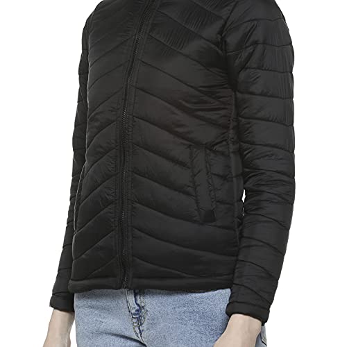 Campus Sutra Womens Black Puffer Regular Fit Bomber Jacket for Winter Wear | Standing Collar | Full Sleeve | Zipper | Casual Ja