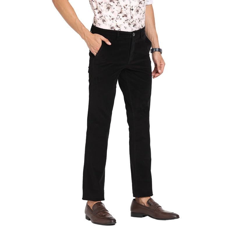 Turtle Men Corduroy Black Solid Ultra Slim Fit Casual Trouser