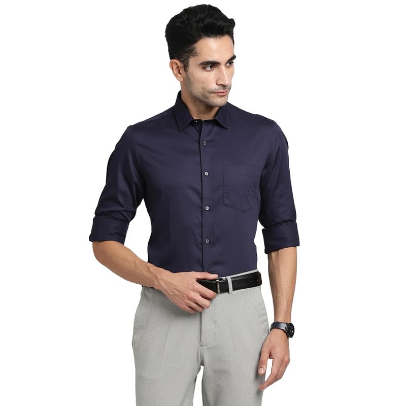 Turtle Men 100% Cotton Navy Blue Solid Slim Fit Formal Shirts