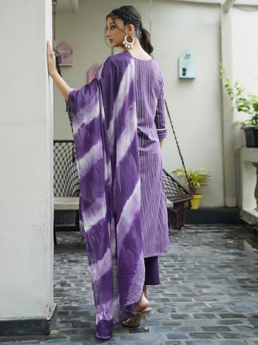 Sanisa Women's Cotton Sequence Work & Woven Straight Kurta with Pant and Dupatta Set