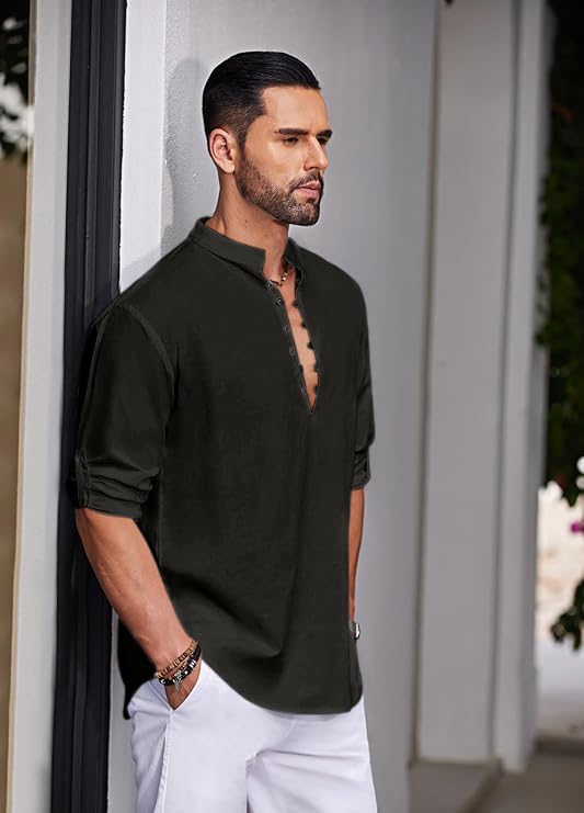 Finivo Fashion MenS Solid Cotton Blend Straight Kurta Shirt, Regular Fit Full Sleeve Short Kurta Shirt Black