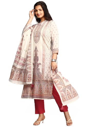 Ishin Ethnic Motifs Woven Design A-Line Pure Cotton Kurta With Trousers & Dupatta | Kurta Set For Women | Kurta With Trousers An