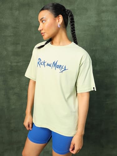 Bewakoof X Official Rick and Morty Merchandise Womens Stoned Rick & Morty Graphic Printed 100% Cotton T-Shirt - Oversized Fit,