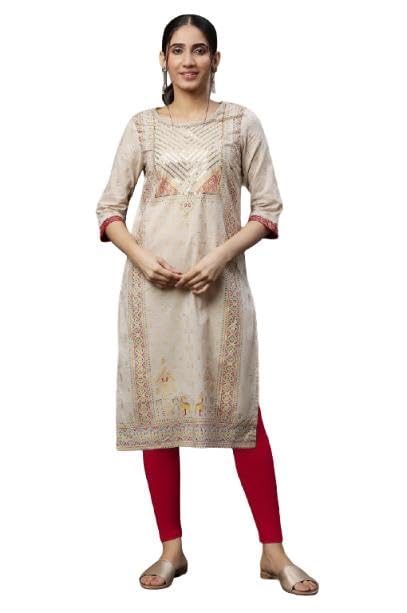 Aurelia WomenS Beige Zari Pure Cotton Straight Kurta And Tight Set (Size: L)-Vcstb2A-10079