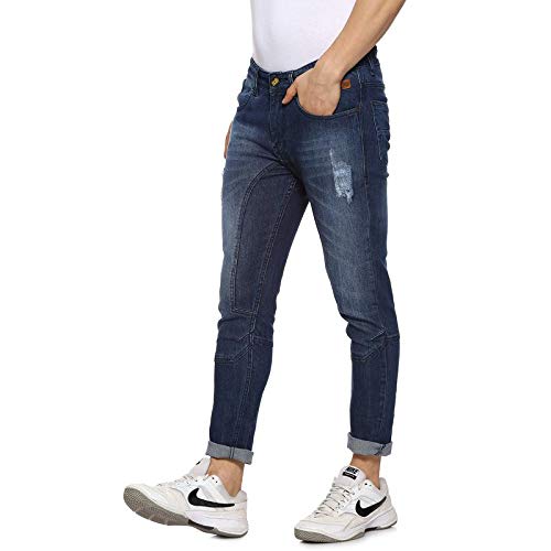 Campus Sutra Mens Navy Blue Lightly Distressed Denim Jeans for Casual Wear | Dark-Wash | Button Closure | Regular Fit | Denim J