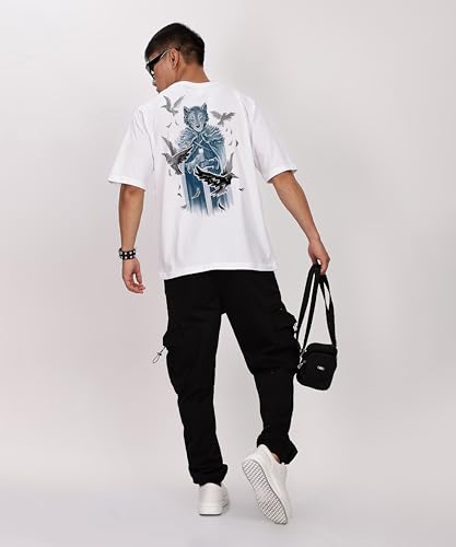 KYDA Mens Oversized 100% Cotton Round Neck Front and Back Printed Tshirt (Pack of 1) White