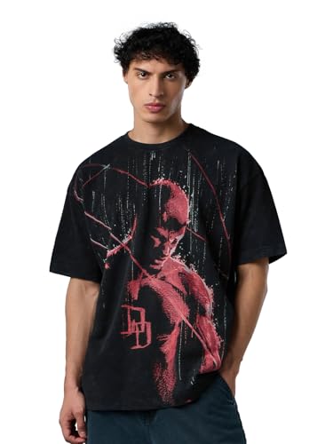 The Souled Store Daredevil: Red Rain Men and Boys Short Sleeves Round Neck Black Printed Cotton Oversized T-Shirts