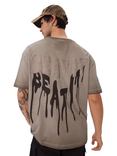 The Souled Store Garfield: Beat It Men And Boys Short Sleeves Round Neck Grey Puff Printed Cotton Oversized T-Shirts