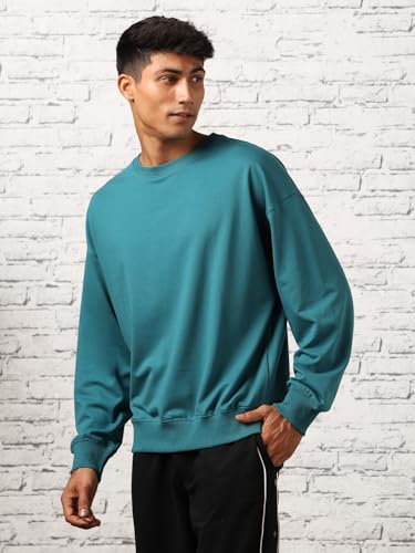 Nobero MenS Cotton Blend Crew Neck Sweatshirt (1M-Twss-R0005_Verdigris Blue