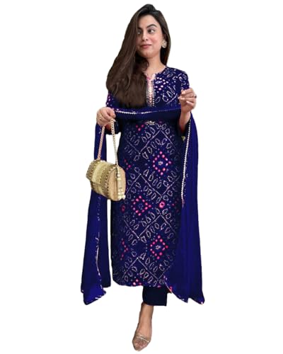 GoSriKi Womens Rayon Blend Straight Printed Kurta with Pant & Dupatta (TURAE Royal Blue-GS_L_Blue_Large)