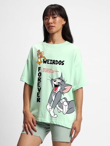 Bewakoof X Official Tom & Jerry Merchandise Womens Weirdos Forever Graphic Printed 100% Cotton T-Shirt - Oversized Fit, Round N