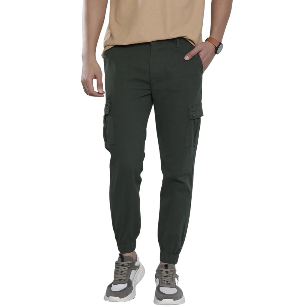 The Indian Garage Co Men Slim Fit Solid Mid-Rise Stretchable Cuffed Cargos Jungle Green