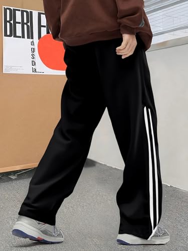 AVANOVA Mens Black Striped Sports Track Pants Loose Fit Casual Trousers with Drawstring Waist, Straight-Cut Outdoor Running &