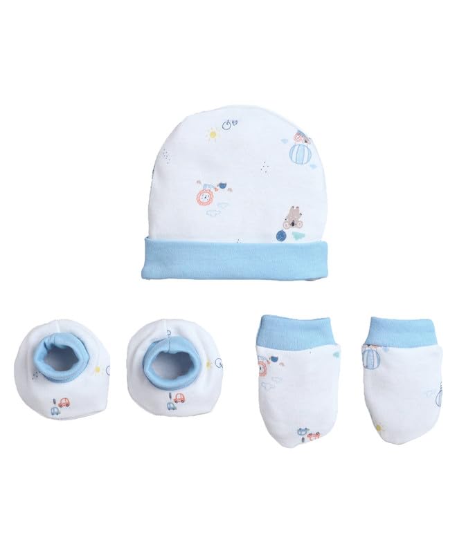 BUMZEE Boys Cotton Cap Mitten Bootie White & Sky Blue - 0-3 Months (Peb11061-wht)