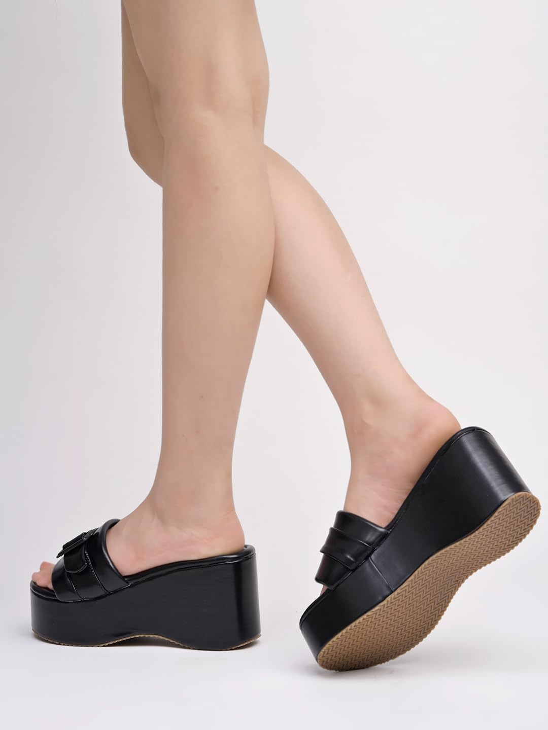 Shoetopia WomenS Black Platform Slip-On Sandals Chunky Wedge Slides With Buckle Strap Stylish Comfortable, Durable Perfect For