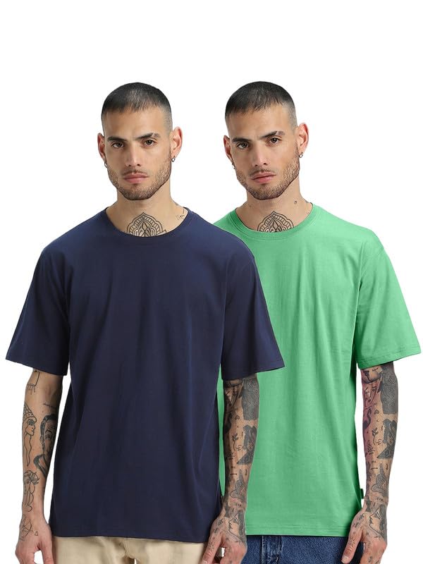 Veirdo Mens C- Oversized Baggy Fit Drop Shoulder Short Sleeve Round Neck Solid Cotton T-Shirt