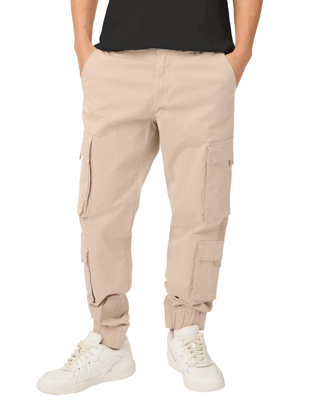 The Souled Store Solids: Champagne Beige Men and Boys Drawstring Oversized Fit Cotton Cargo Joggers