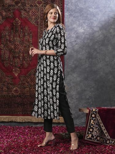 ANNI DESIGNER Ladies Cotton Blend Printed Kurta Set, L, Black, Model Ganmurti Black-2681