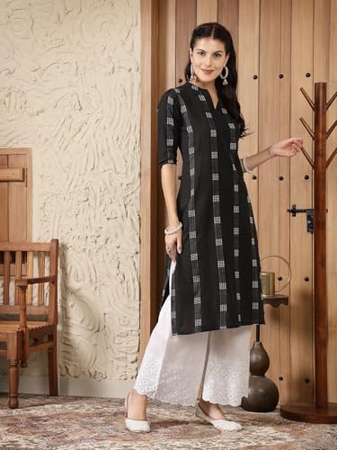 Stylum Women's Self Designed Cotton Blend Straight Kurta (MILTO_Black)