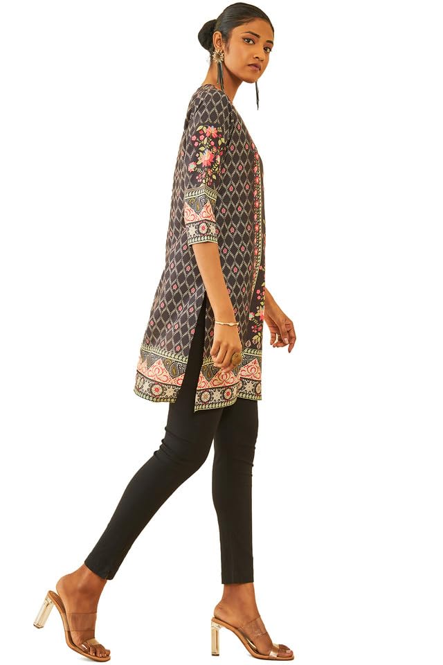 Soch Womens Black Muslin Blend Floral Printed Kurta with Embellishment