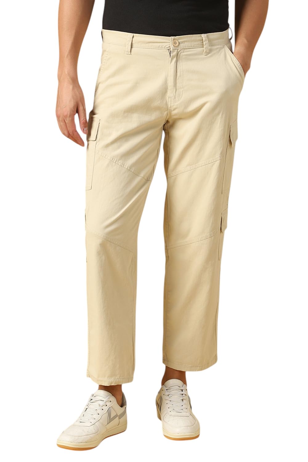 Dennis Lingo Mens Beige Solid Cotton Loose Fit Cargo Trouser