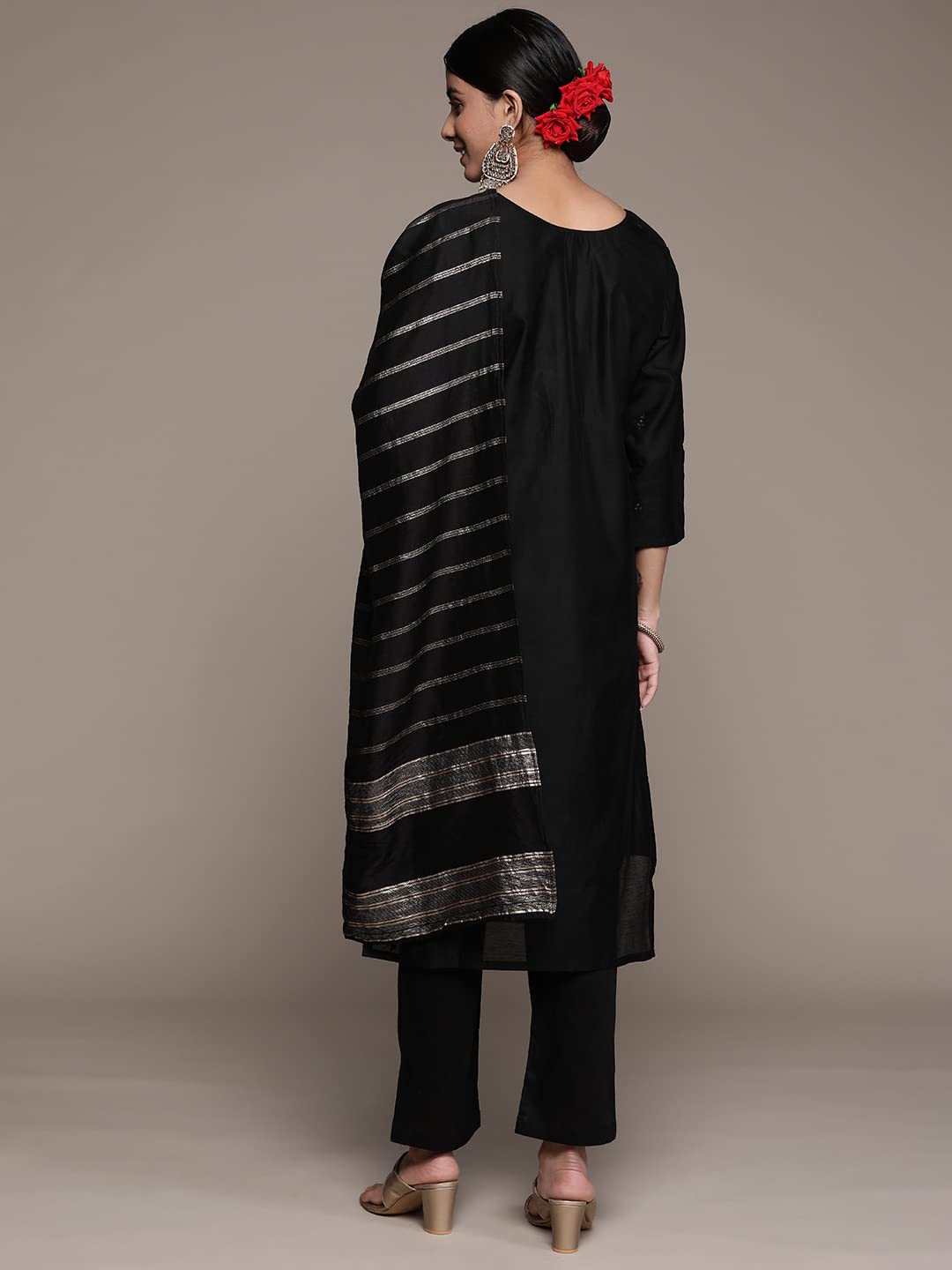 ishin Women's Silk Blend Black Embroidered A-Line Kurta suit set with Pant & Dupatta